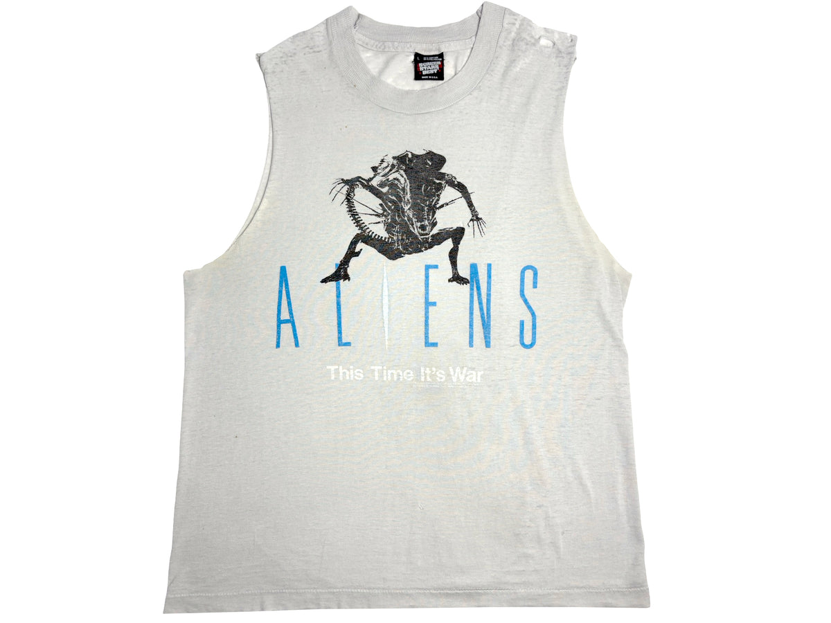 Vintage Aliens Movie Sleeveless Thrashed Light Grey T-Shirt James Cameron Sci-Fi Science Fiction 80s This Time Its War
