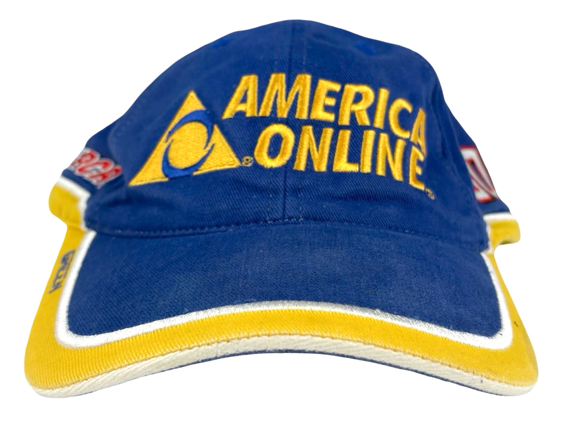Vintage America Online AOL Nascar Embroidered Hat Blue Yellow Race Car Racing