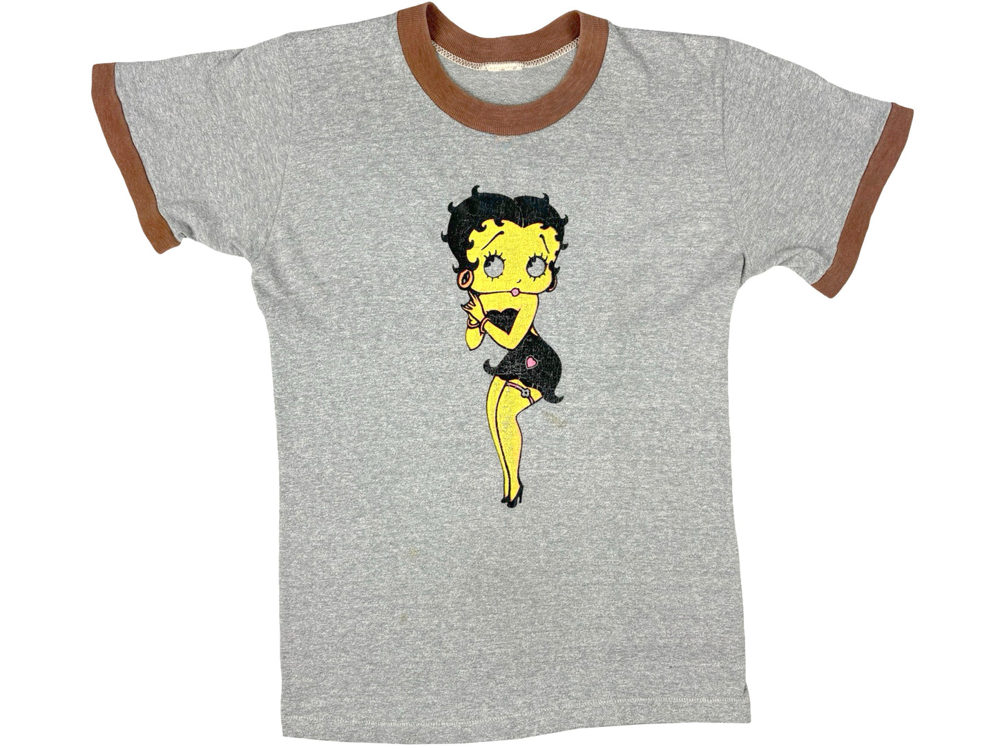 Vintage Betty Boop Grey and brown Ringer T-Shirt Cartoon 70s 80s Comic Pin Up