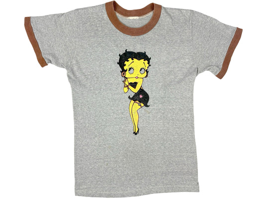 Vintage Betty Boop Grey and brown Ringer T-Shirt Cartoon 70s 80s Comic Pin Up
