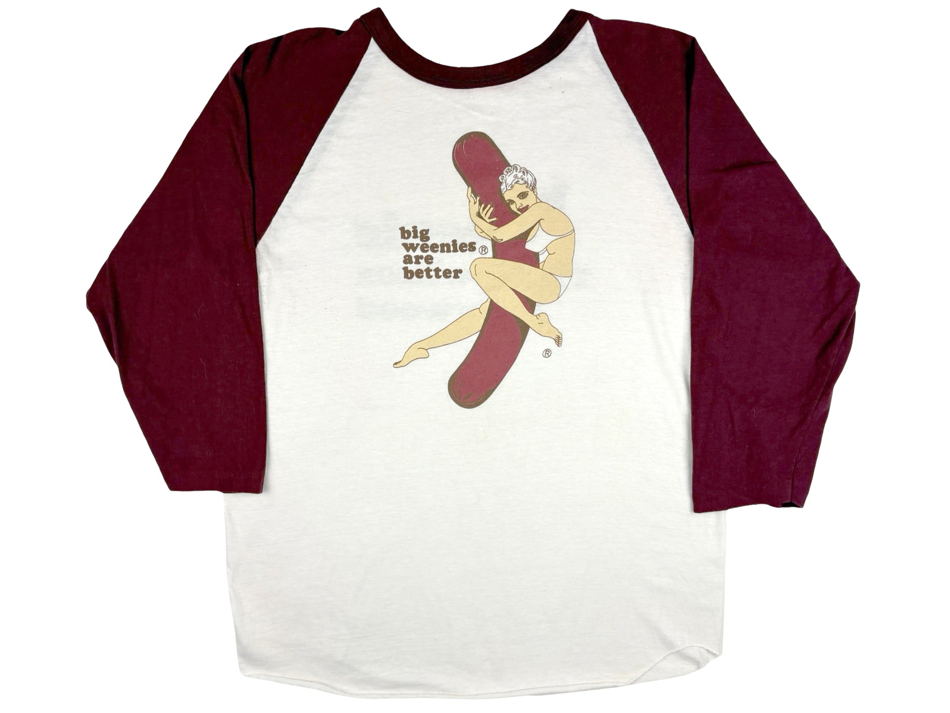 Vintage Big Weenies Are Better Raglan T-Shirt Big Weenies 171 N Wilcox Hollywood California 70s 80s