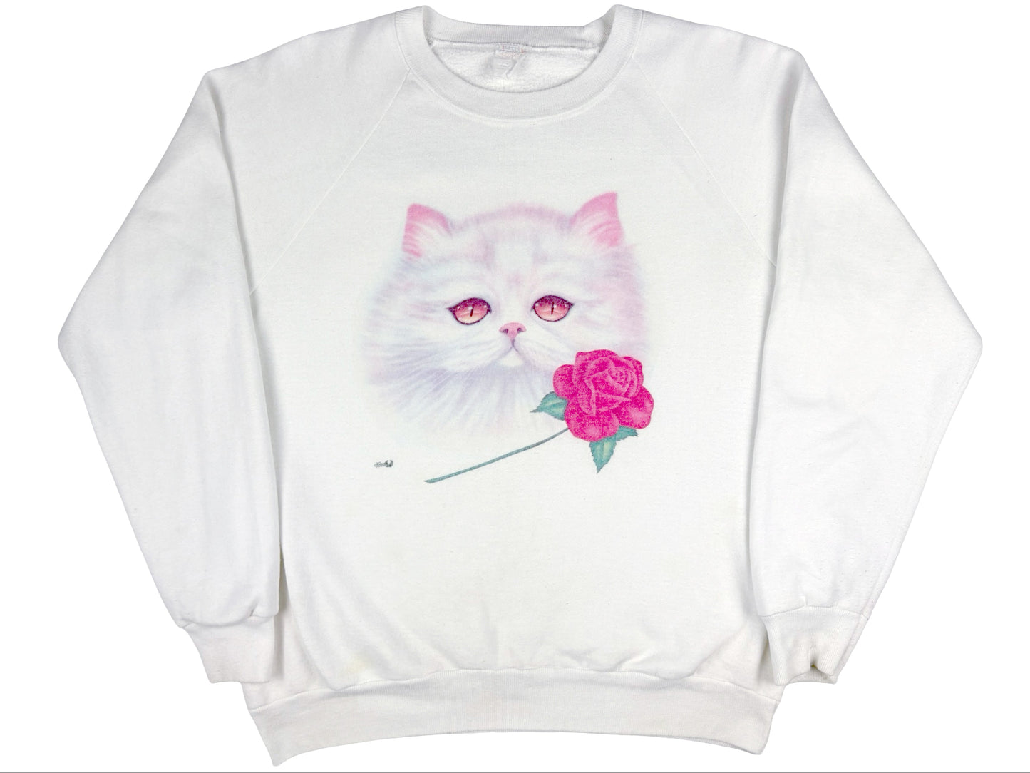 Vintage White Cat & Rose Sweatshirt hackers Costume 90s Cute Art Artist