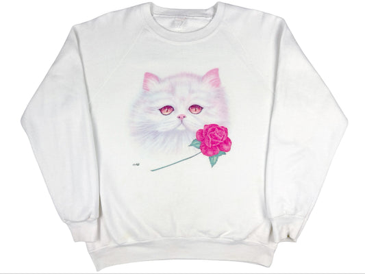 Vintage White Cat & Rose Sweatshirt hackers Costume 90s Cute Art Artist