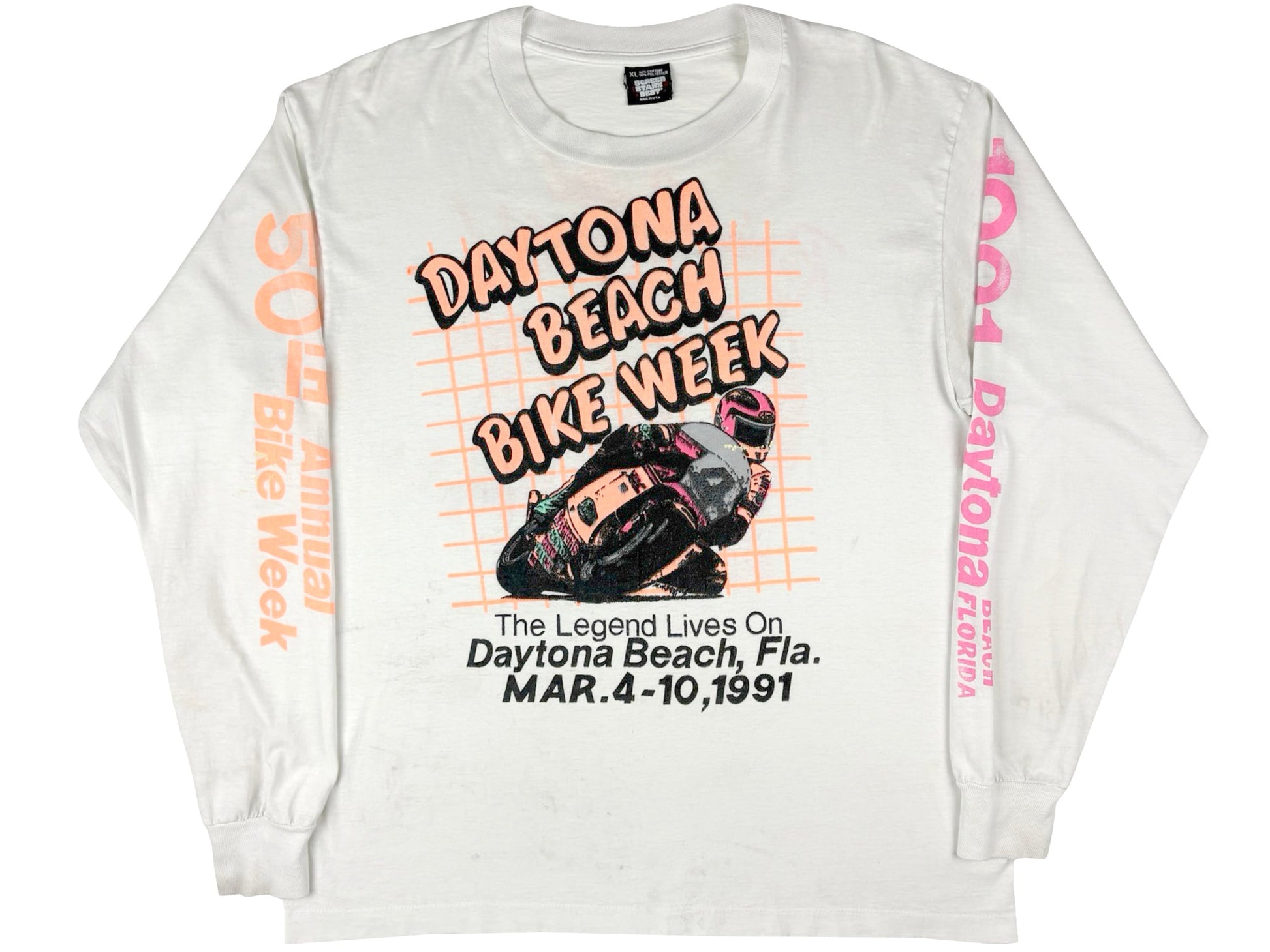 Vintage Daytona Beach Bike Week 1991 White Long Sleeve Shirt 90s Motorcycle Biker Florida
