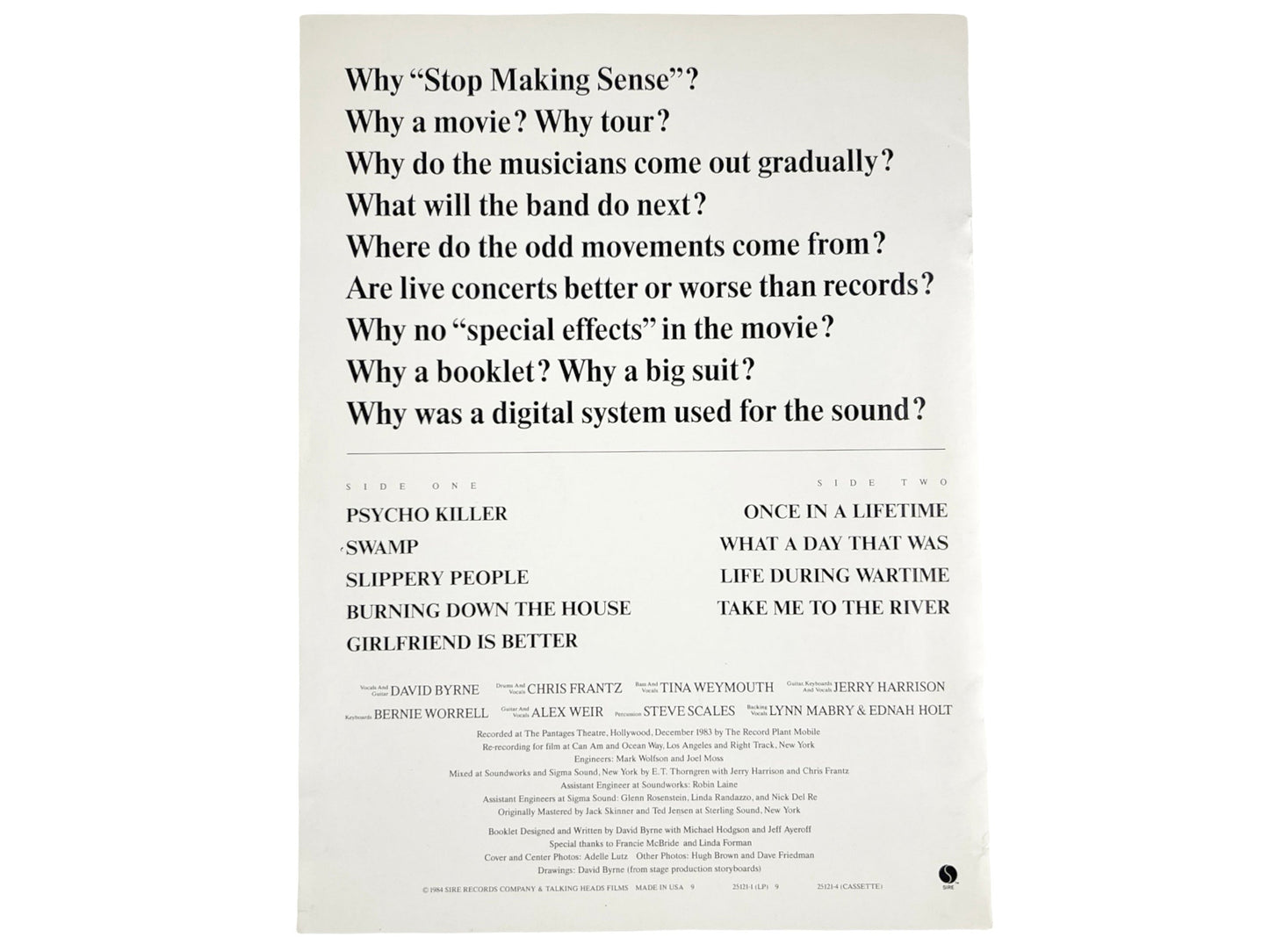 Talking Heads ‘Stop Making Sense’ Pamphlet
