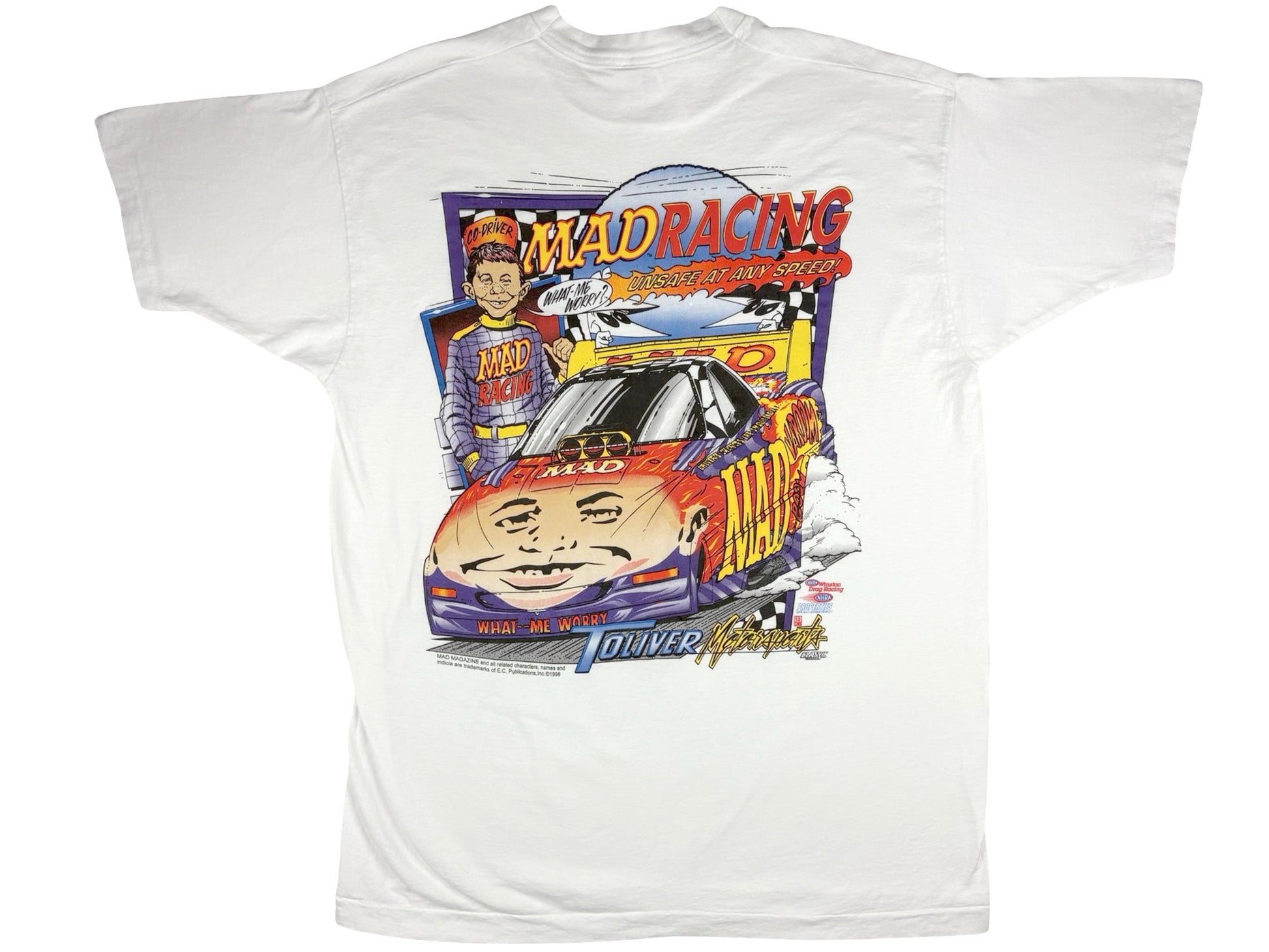Vintage Mad Magazine Racing White T-Shirt Alfred E Neuman Car Auto Race Spy vs Spy 90s Nascar Drag Racing NHRA