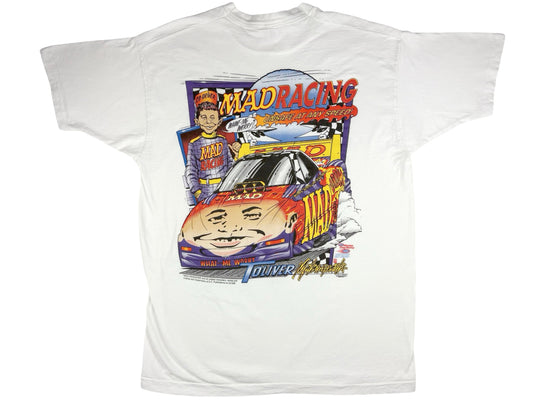 Vintage Mad Magazine Racing White T-Shirt Alfred E Neuman Car Auto Race Spy vs Spy 90s Nascar Drag Racing NHRA