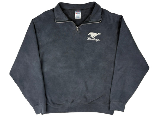 Vintage Mustang Embroidered Faded Blue Quarter Zip Sweatshirt car auto ford