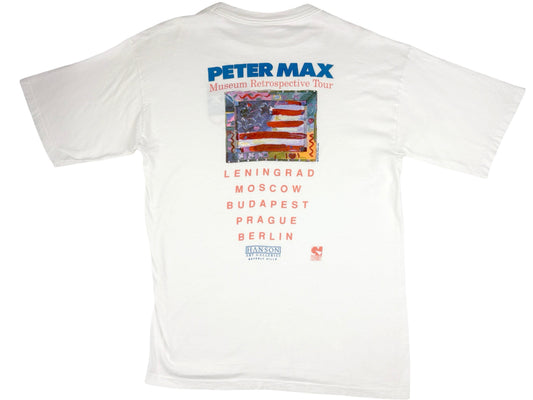 Vintage Peter Max Retrospective Crew White T-Shirt Art Artist 90s American Flag