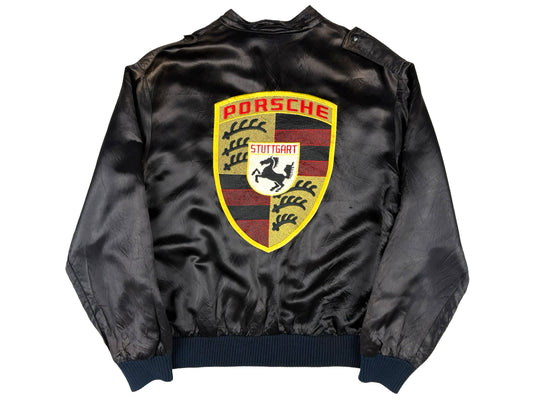 Vintage Porsche Style Auto Embroidered Black Jacket 80s 90s Car Foreign German Sports Car