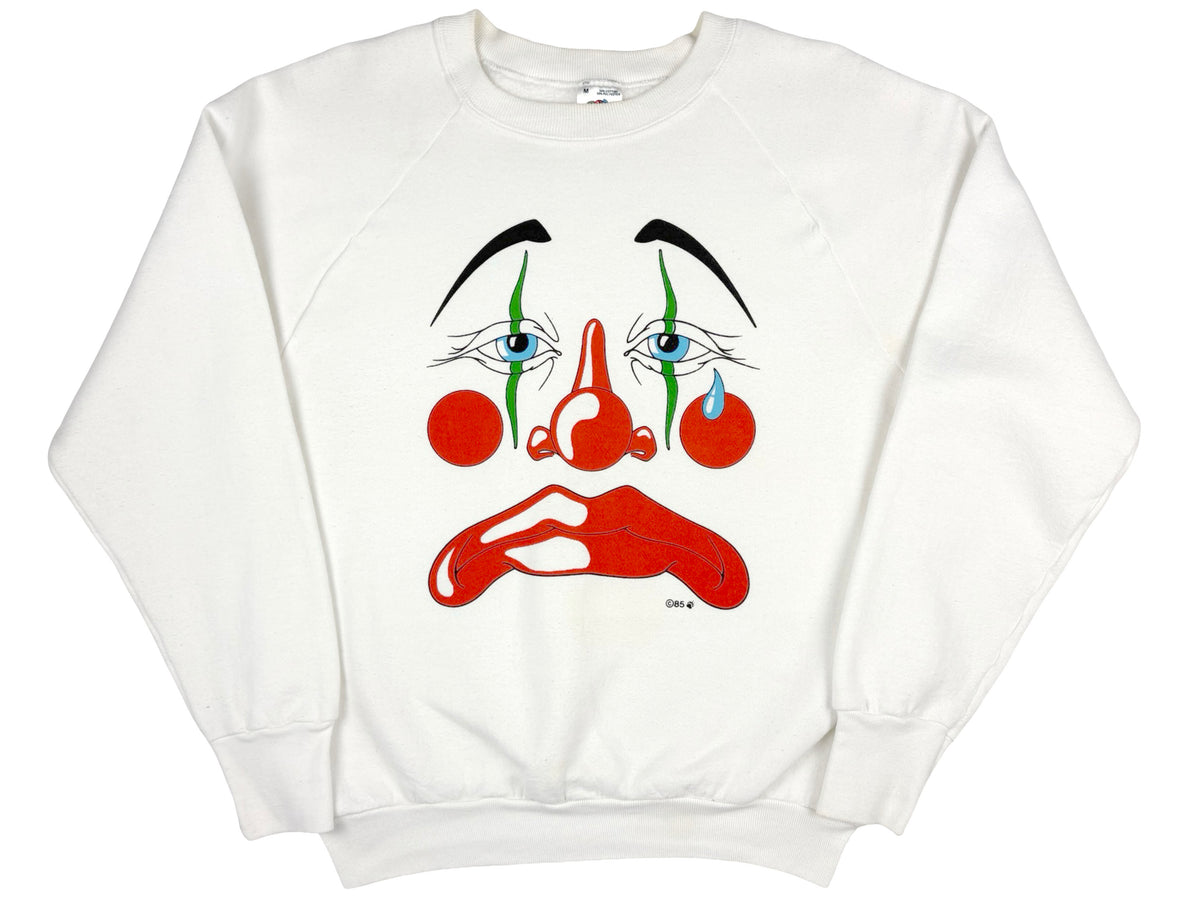 Vintage Sad Clown White Sweatshirt 80s Art 