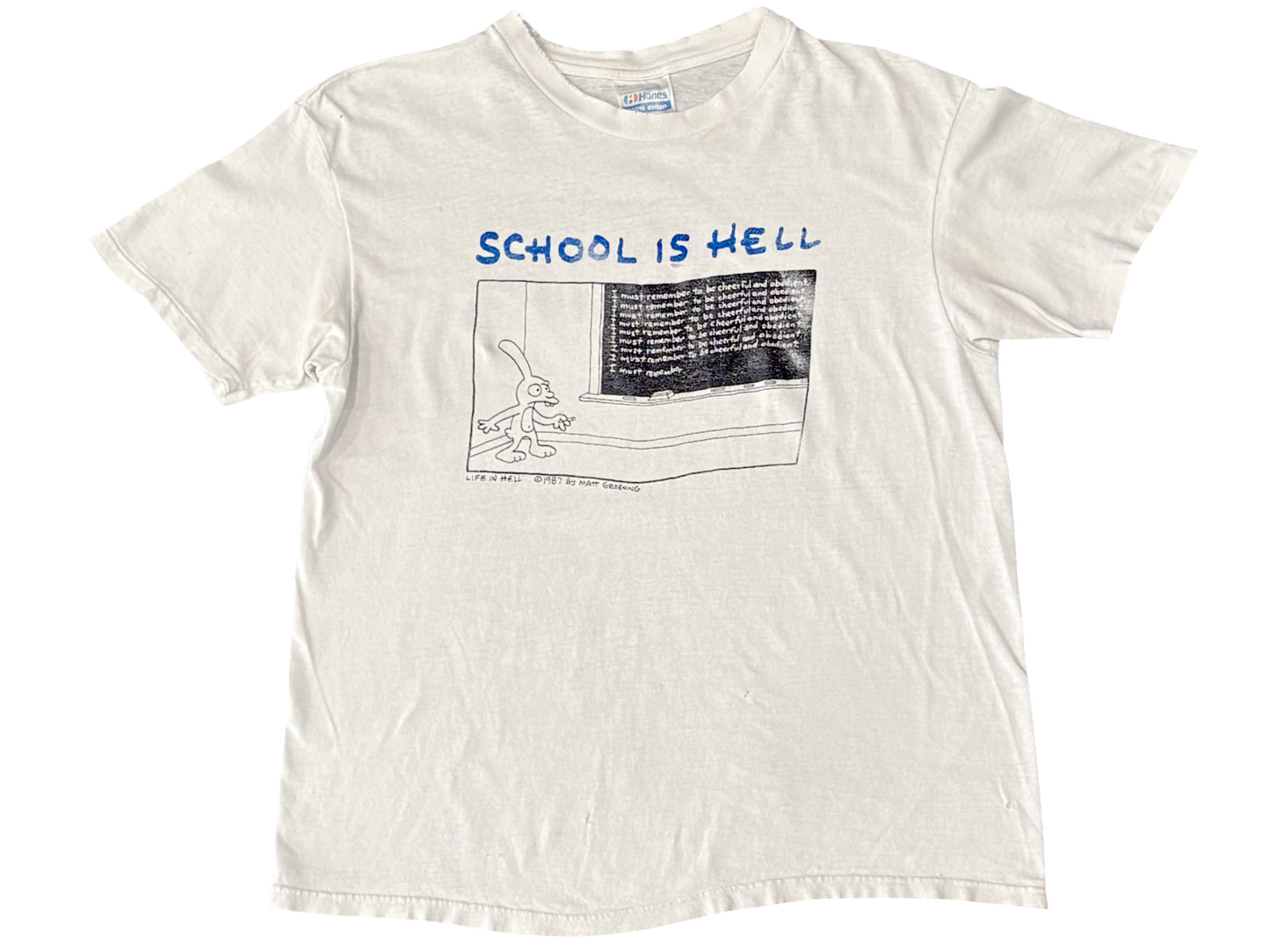 Vintage School Is Hell Matt Groening White T-Shirt 80s Simpsons Comic Strip Comics life is hellwork is hell