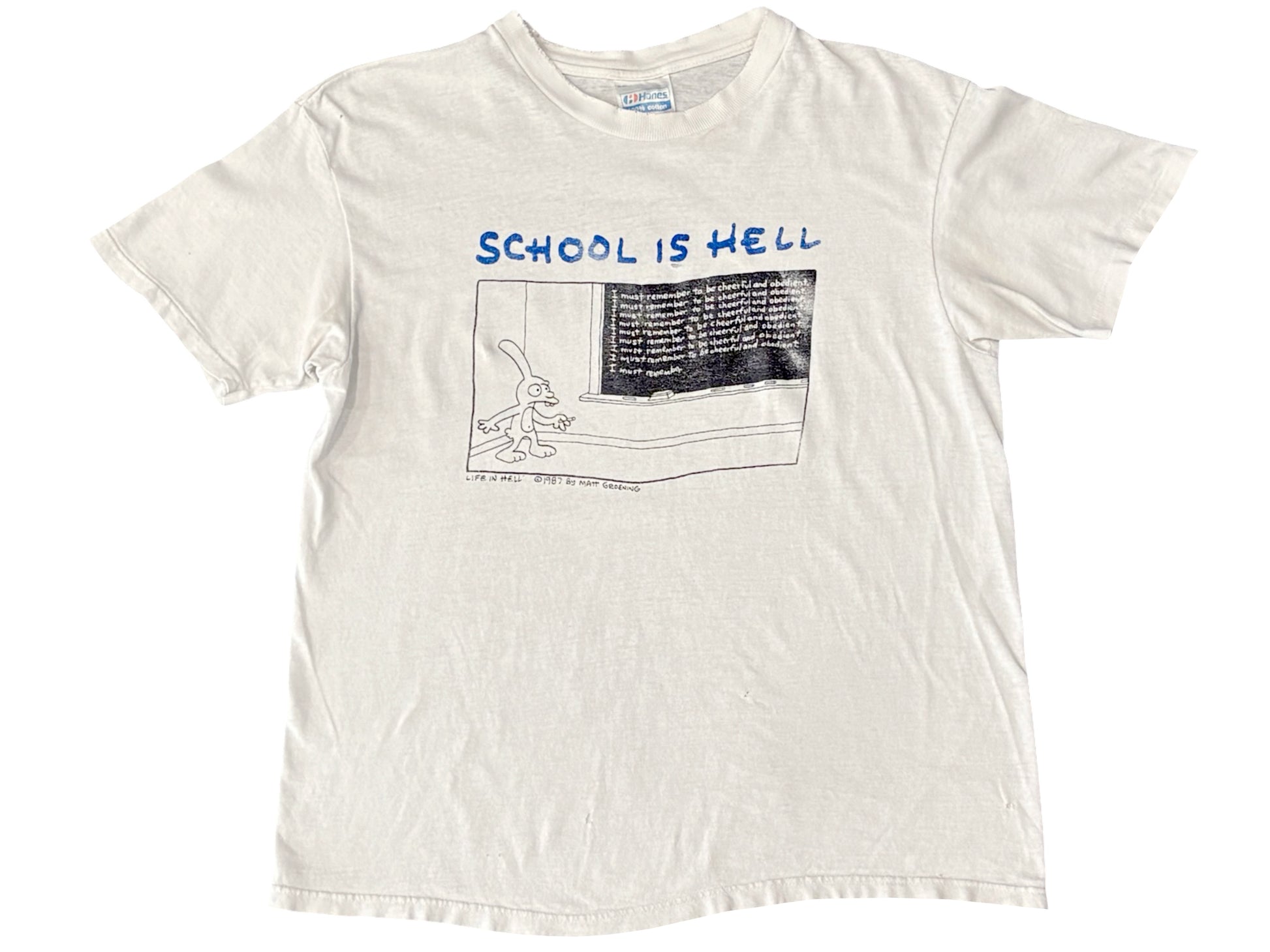 Vintage School Is Hell Matt Groening White T-Shirt 80s Simpsons Comic Strip Comics life is hellwork is hell