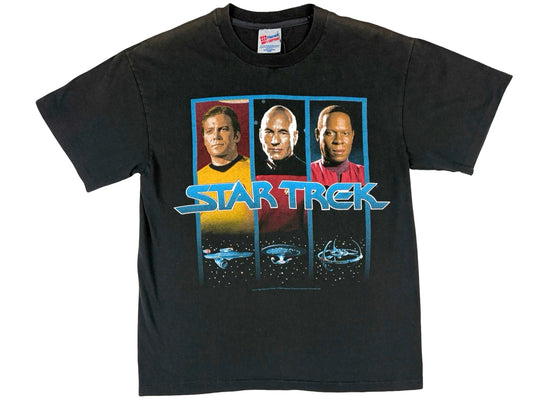 Vintage Star Trek 3 Captains Black T-Shirt 90s Picard Sisko Kirk Sci-Fi Science Fiction TV Show Movie 