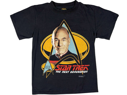 Vintage Star Trek The Next Generation Captain Jean Luc Picard Black T-Shirt 90s Sci-Fi Science Fiction TV Show 90s