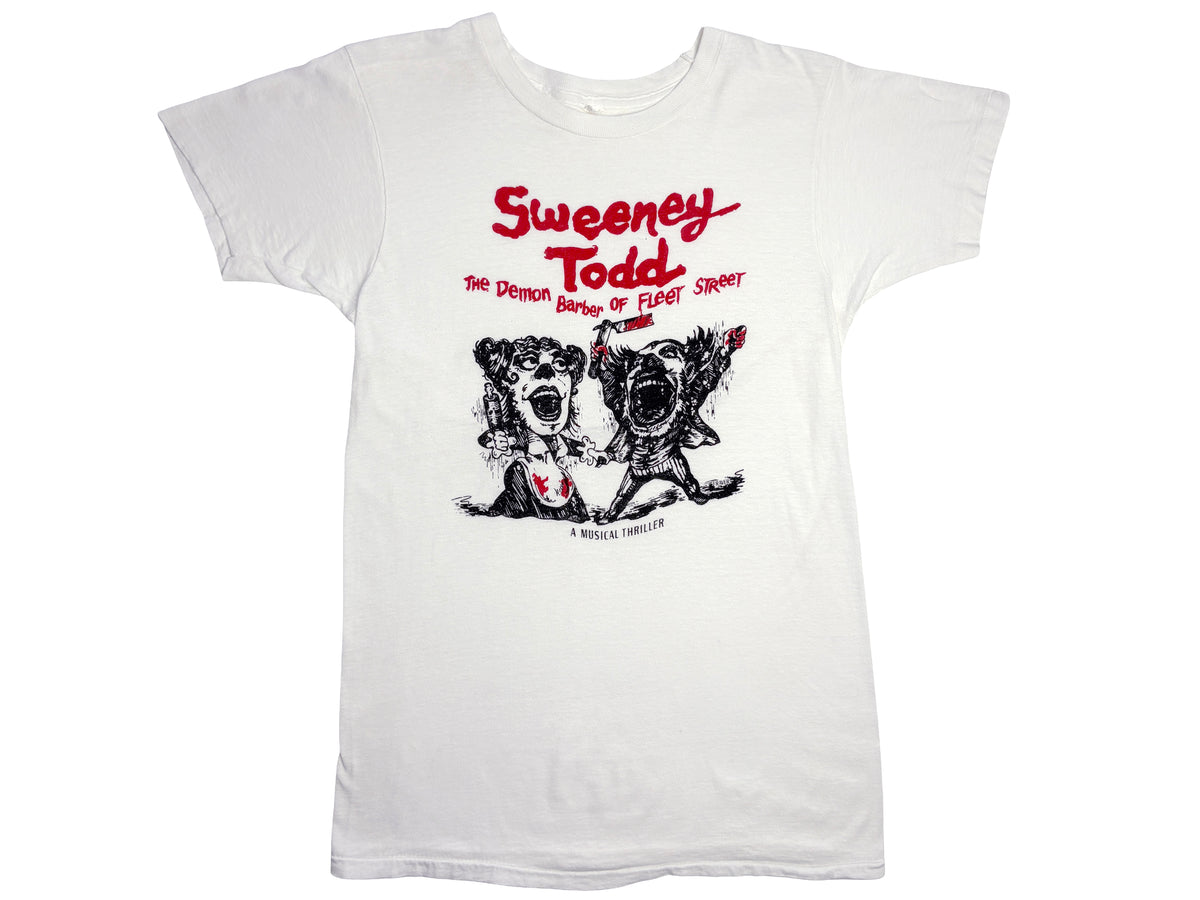 Vintage Sweeney Todd The Musical White T-Shirt he Demon barber of Fleet Street A Musical Thriller 70s 80s