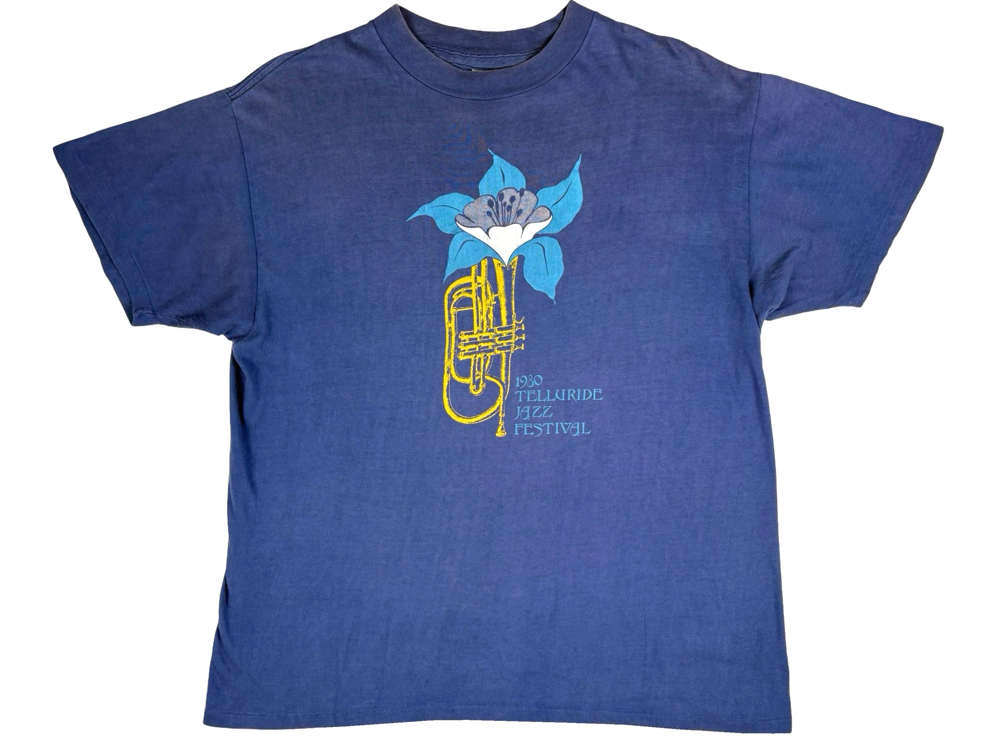 Vintage Telluride Jazz Festival 1989 Blue T-Shirt Music 80s Flower Trumpet