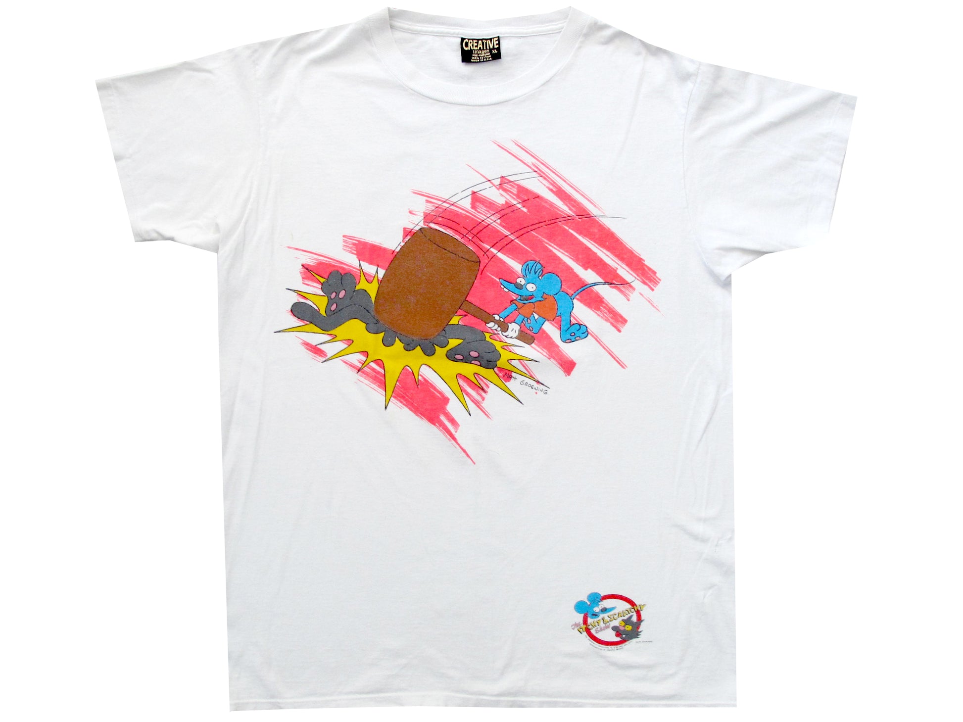 Vintage The Simpsons Itchy & Scratchy Mallet White T-Shirt 90s Cartoon Comedy TV Show Cat Mouse