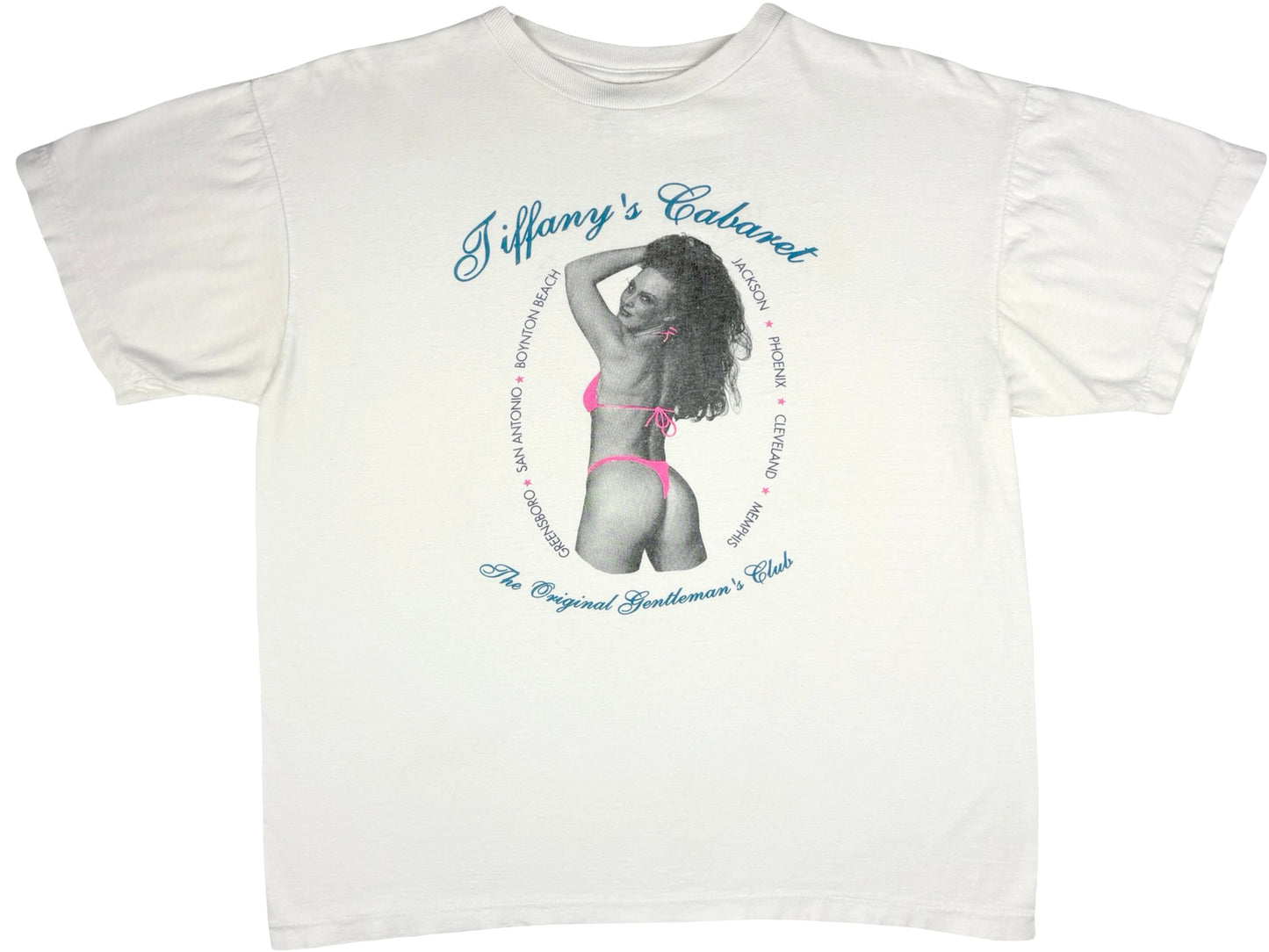 Vintage Tiffany's Cabaret Strip Club White T-Shirt Dancer Stripper bikini babe Gentlemans Club 80s 90s Neon