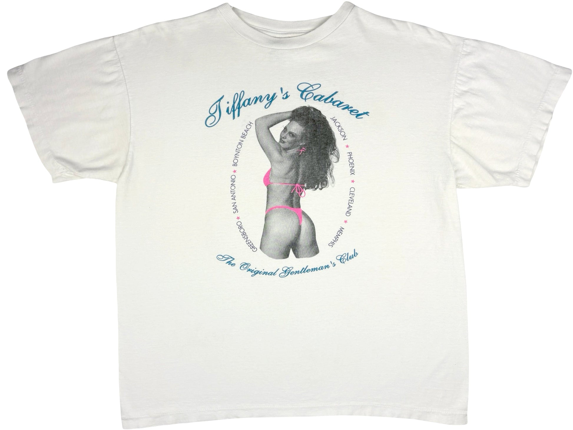 Vintage Tiffany's Cabaret Strip Club White T-Shirt Dancer Stripper bikini babe Gentlemans Club 80s 90s Neon