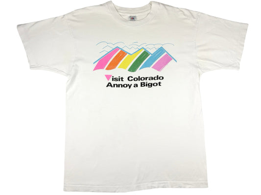 Vintage Visit Colorado Annoy A Bigot White T-Shirt Gay Rights Rainbow Homo 