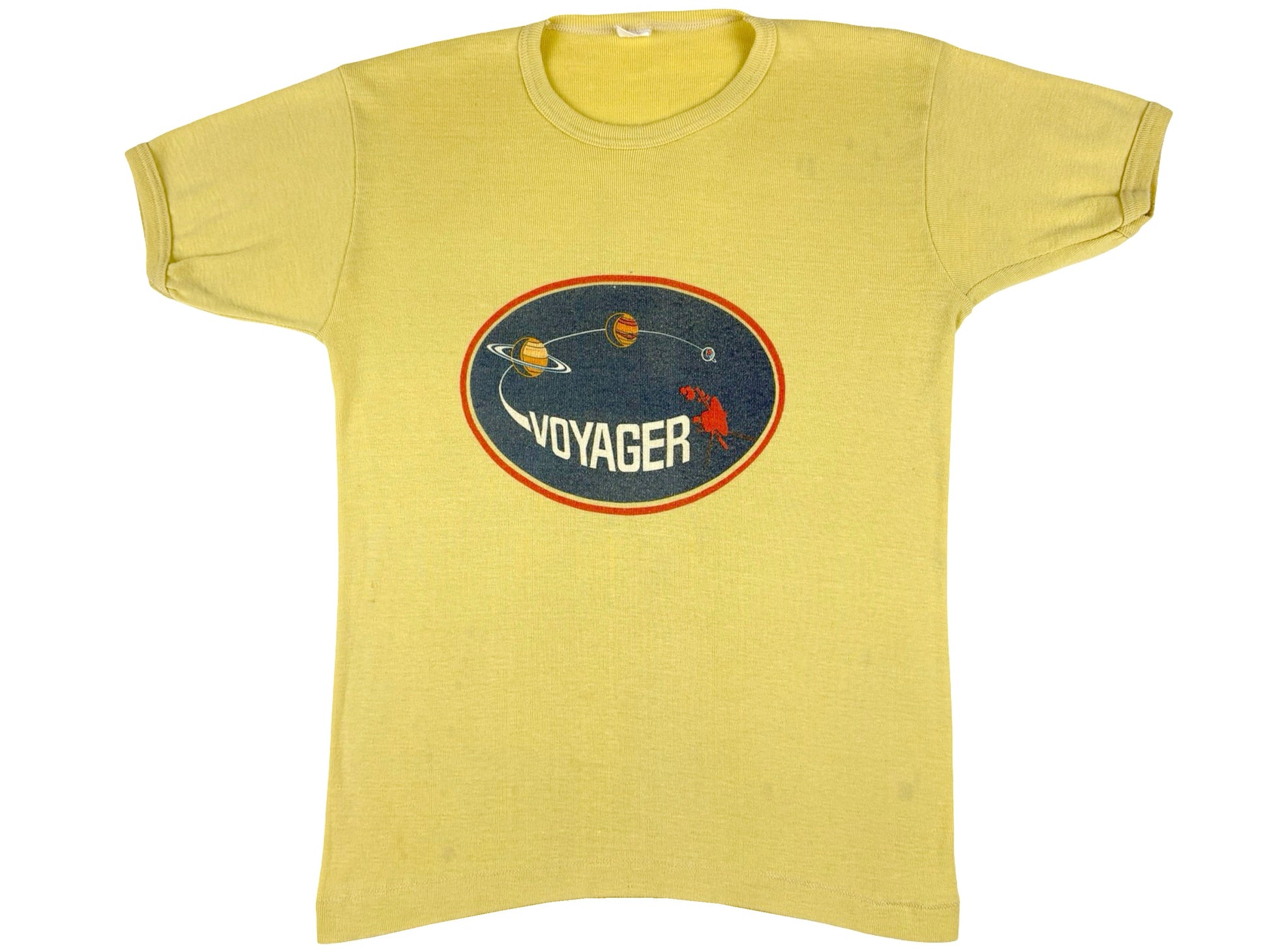 Vintage Voyager Yellow T-Shirt Outer Space Planet NASA Rocket 70s 80s
