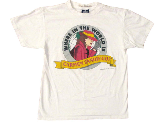 Vintage Where In The World Is Carmen San Diego White T-Shirt 90s PC Computer game TV Show