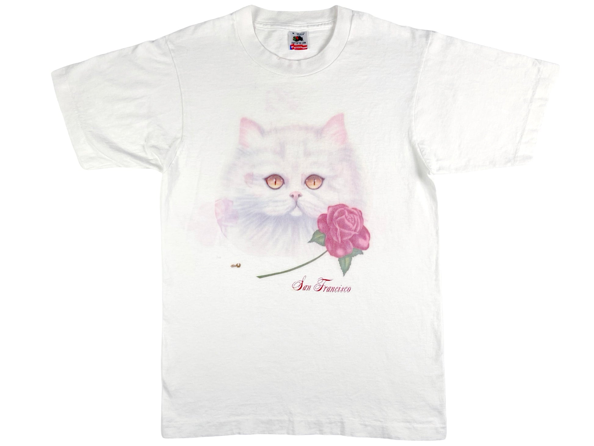 Vintage White Cat & Rose San Francisco Hackers T-Shirt 90s SF Cute 