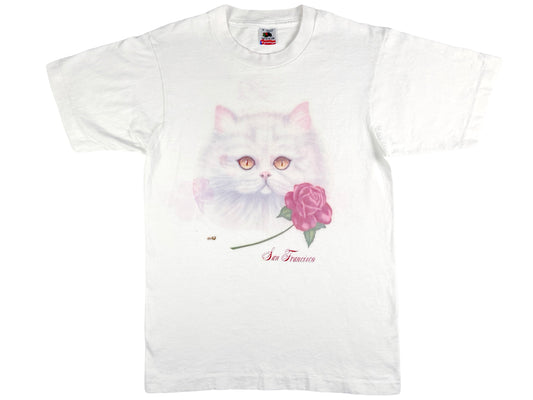 Vintage White Cat & Rose San Francisco Hackers T-Shirt 90s SF Cute 