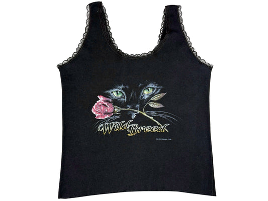 Vintage Wild Breed Cat & Rose Lace Black Tank Top