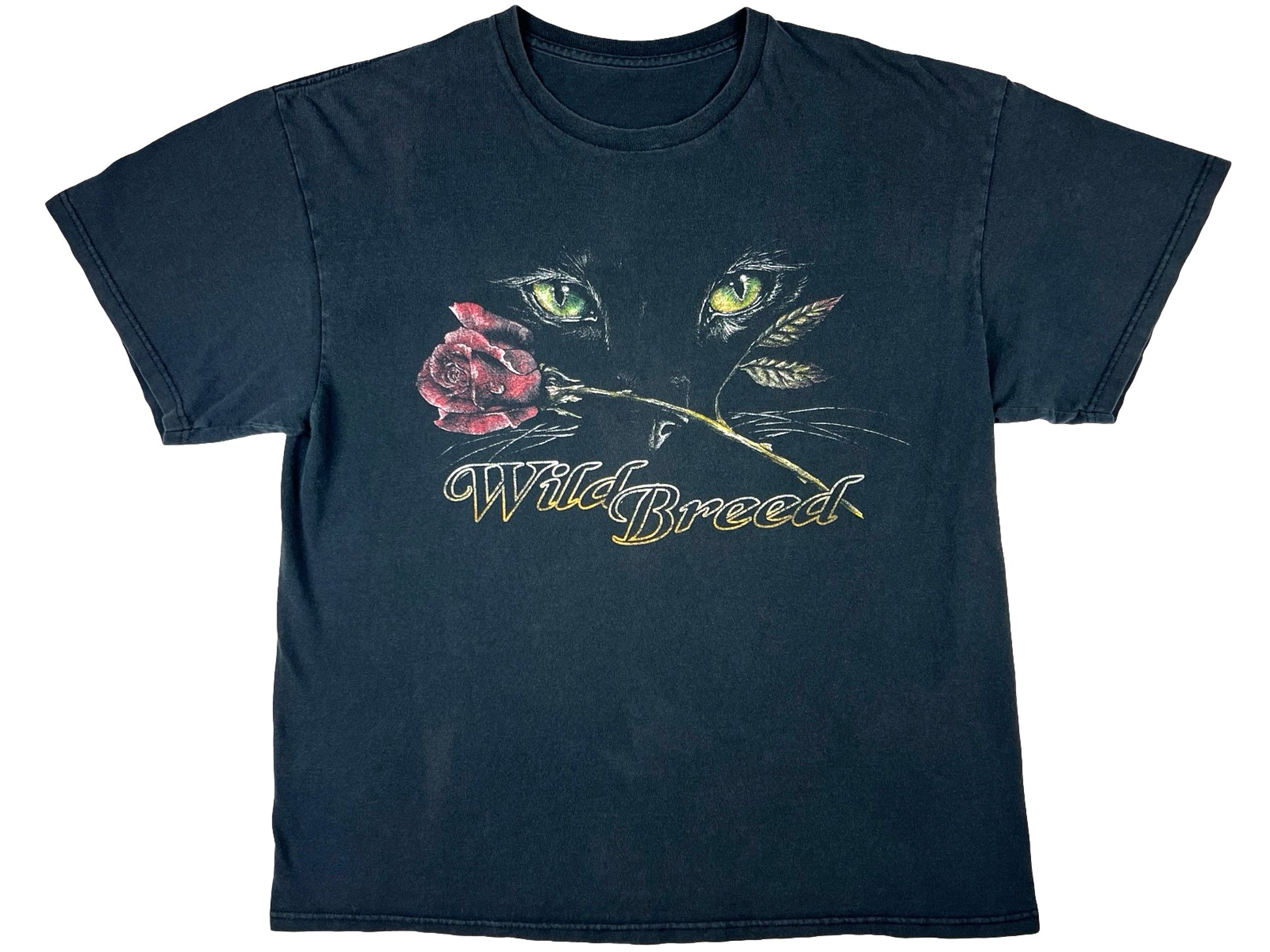 Vintage Wild Breed Cat Eyes & Rose Black T-Shirt 80s 90s Biker Art 3D Emblem