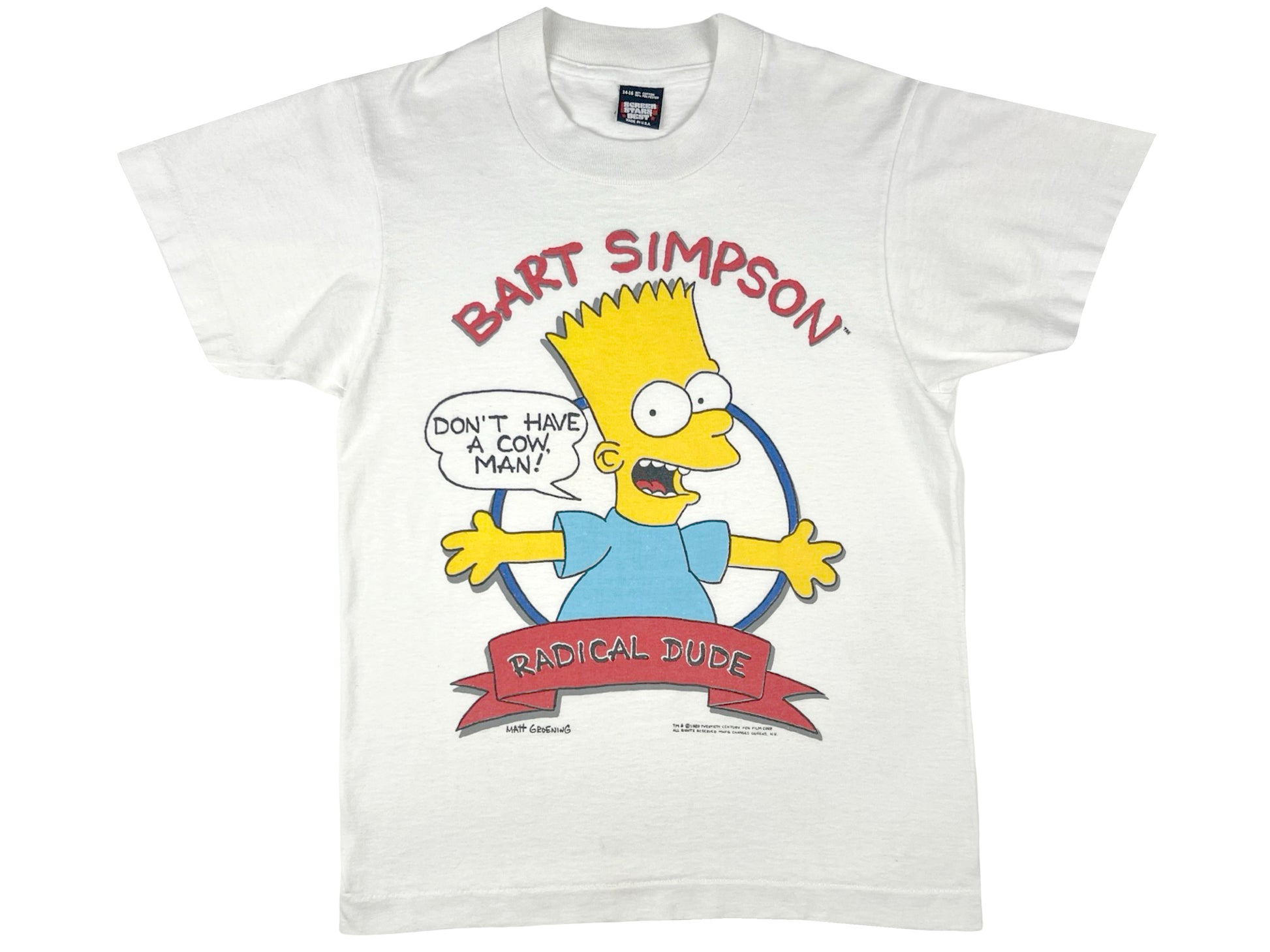 Vintage The Simpsons Bart Simpson Don't Have A Cow Man White T-Shirt Radical Dude 80s 90s Cartoon TV Show