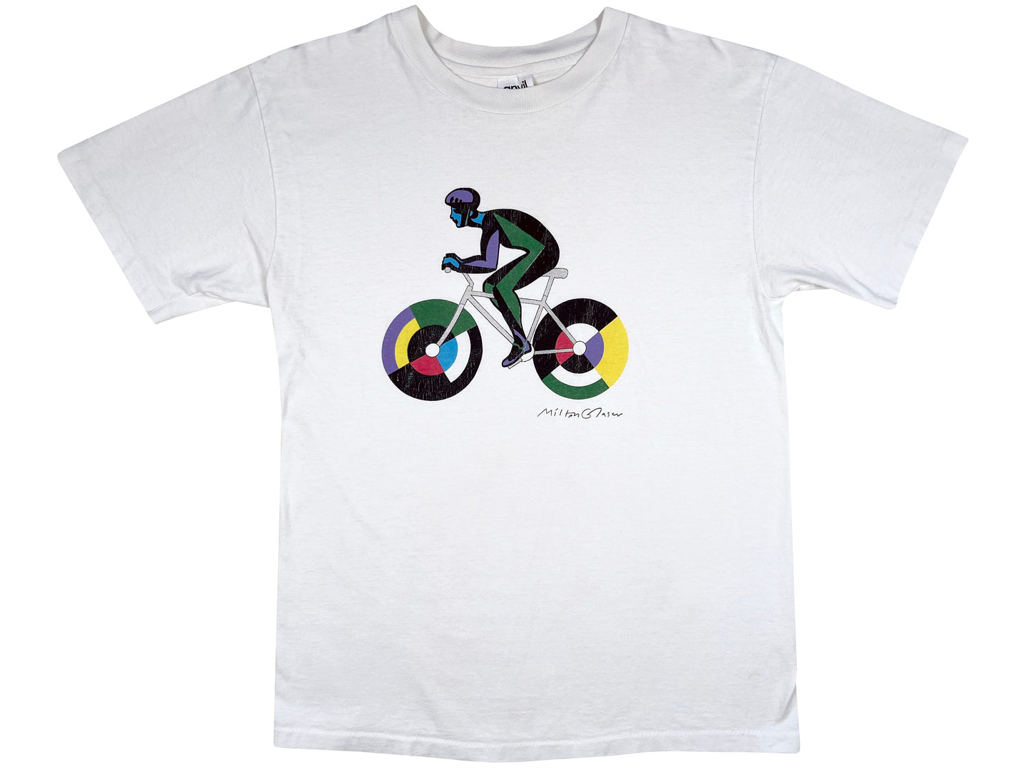 Vintage Milton Glaser 'Cyclist' White T-Shirt Graphic Design 70s 80s NYC New YORK