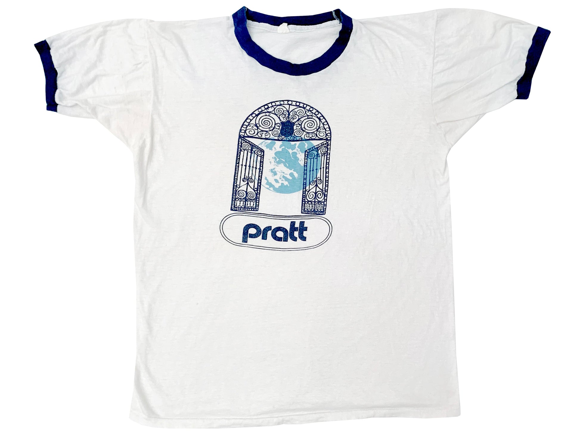 Vintage Pratt Institute White & Bue Ringer T-Shirt Brooklyn New York Art School 70s 80s NY NYC