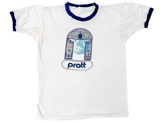 Vintage Pratt Institute White & Bue Ringer T-Shirt Brooklyn New York Art School 70s 80s NY NYC