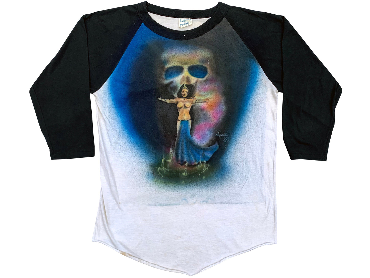 Vintage Sorceress & Skull Air Brush Black & White Raglan T-Shirt Art DIY 70s 80s