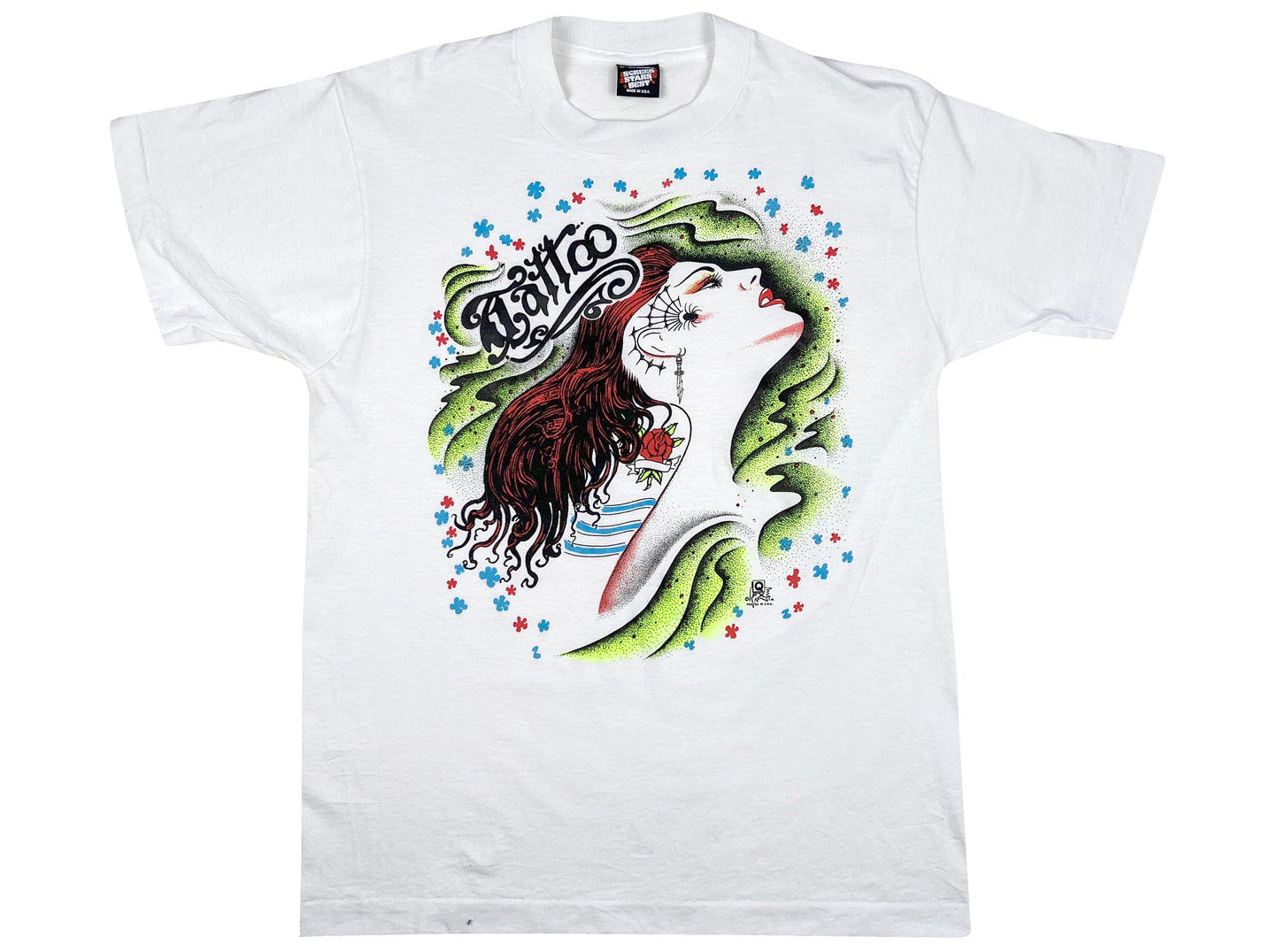 Vintage Tattoo Art Woman QFX White T-Shirt Spider Web 80s 90s 