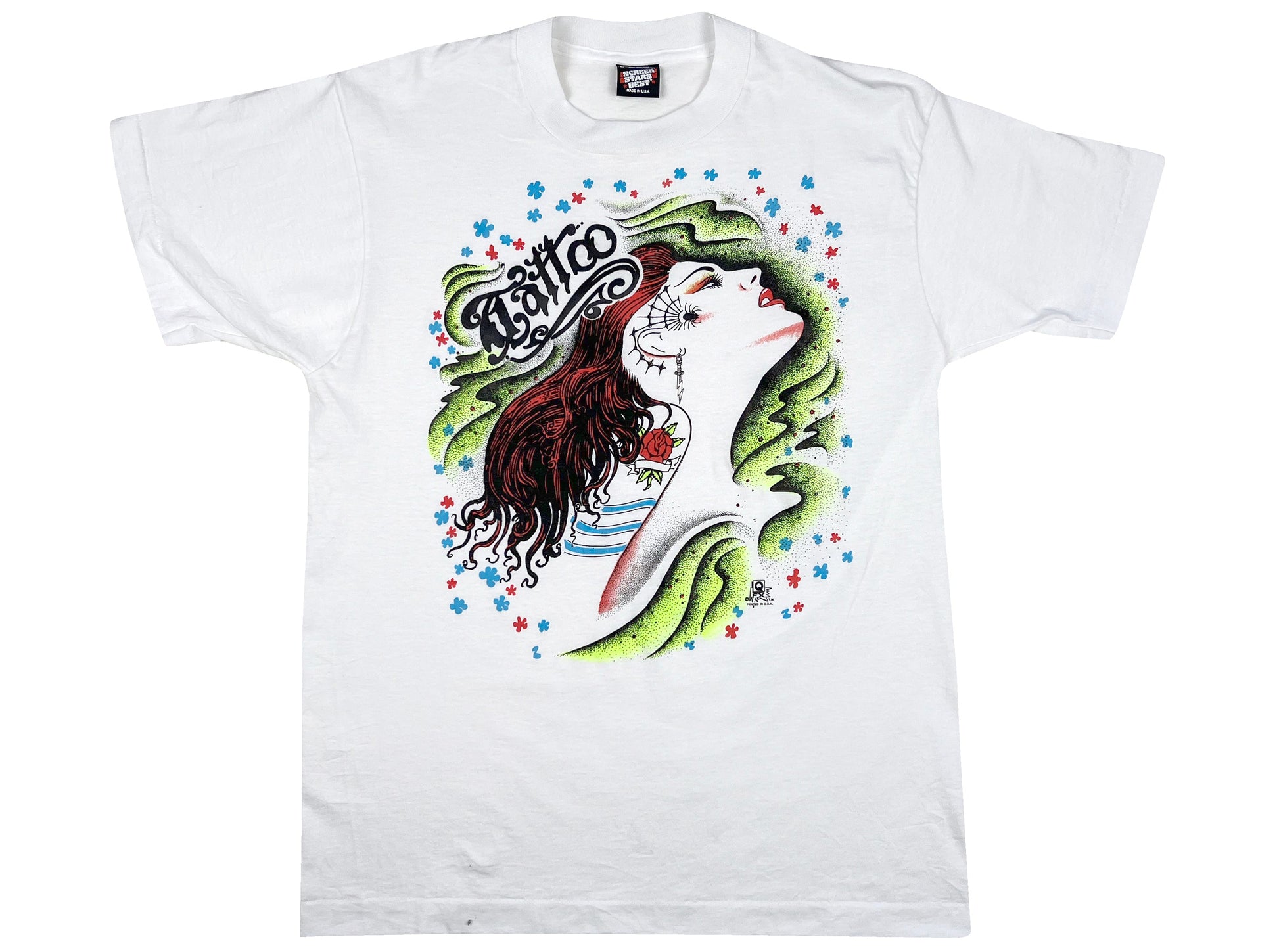 Vintage Tattoo Art Woman QFX White T-Shirt Spider Web 80s 90s 