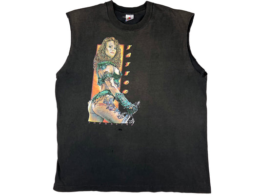 Vintage Tattoo Jordan Fantasy Art Sleeveless Black Faded T-Shirt 80s 90s Graphic Woman