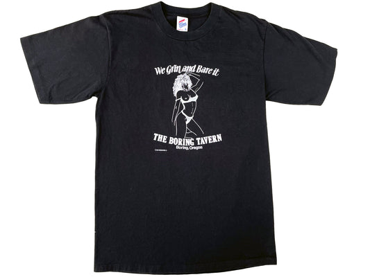 Vintage The Boring Tavern Club Black T-Shirt Strip Club 80s 90s