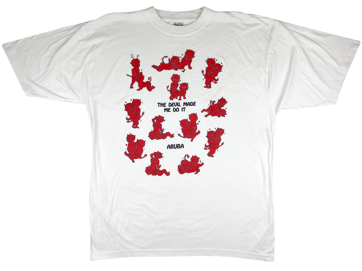 Vintage The Devil Made Me Do It Sex Positions White T-Shirt Aruba Tourist Souvenir 90s y2k Sexual Humor