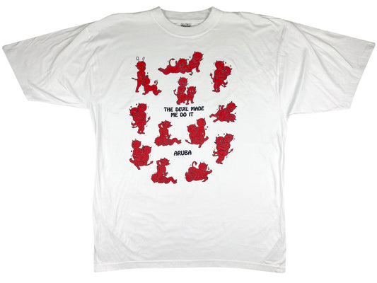Vintage The Devil Made Me Do It Sex Positions White T-Shirt Aruba Tourist Souvenir 90s y2k Sexual Humor