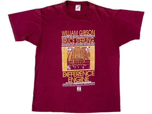 Vintage The Difference Engine Book Maroon T-Shirt William Gibson Bruce Sterling Cyberpunk Steam punk Cyber 90s 