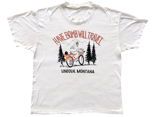 Vintage Unabomber Have Bomb Will Travel White T-Shirt 90s Humor Lincoln Montana