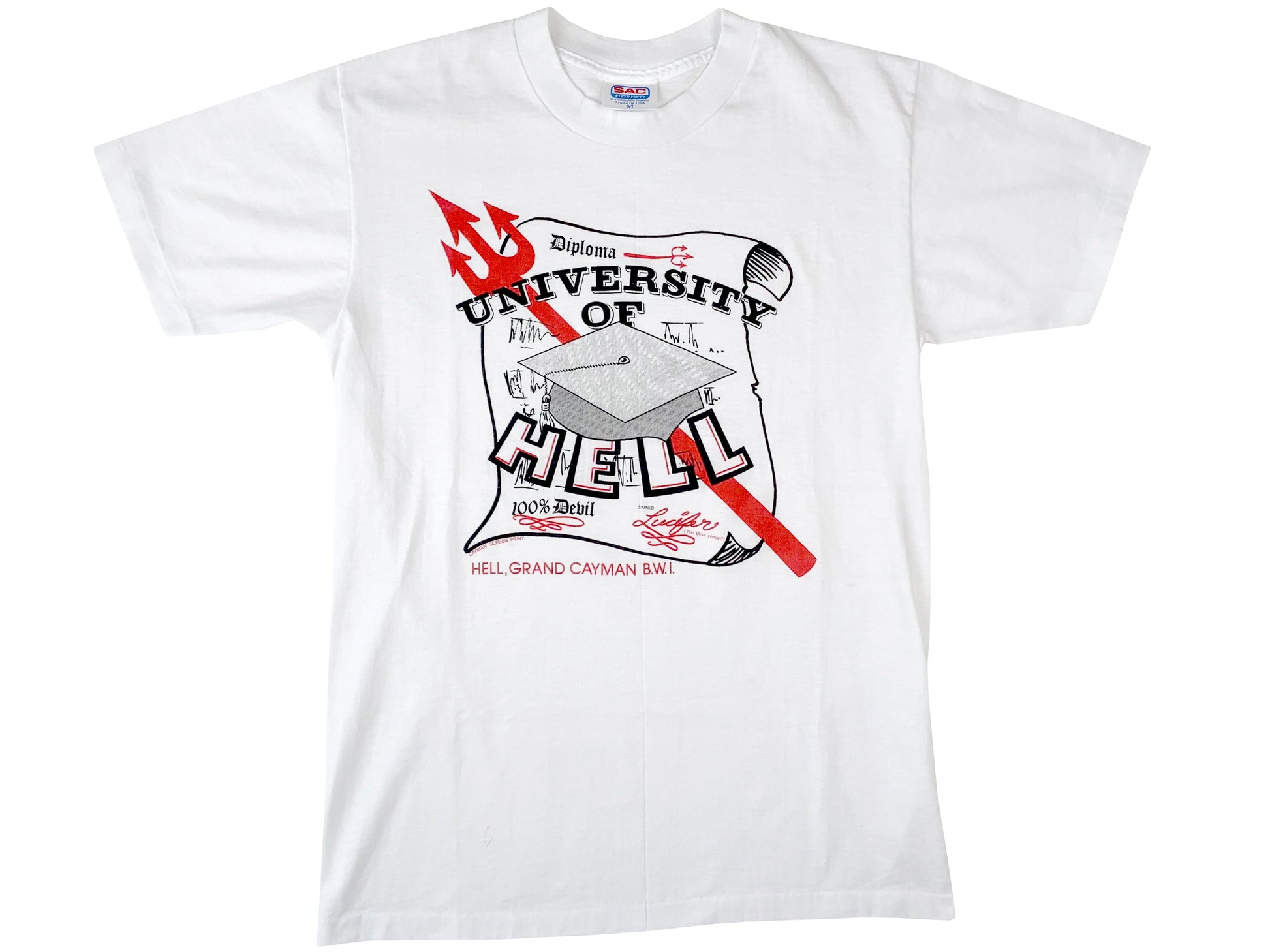 Vintage University of Hell White T-Shirt 80s 90s Grand Cayman Tourist Souvenir