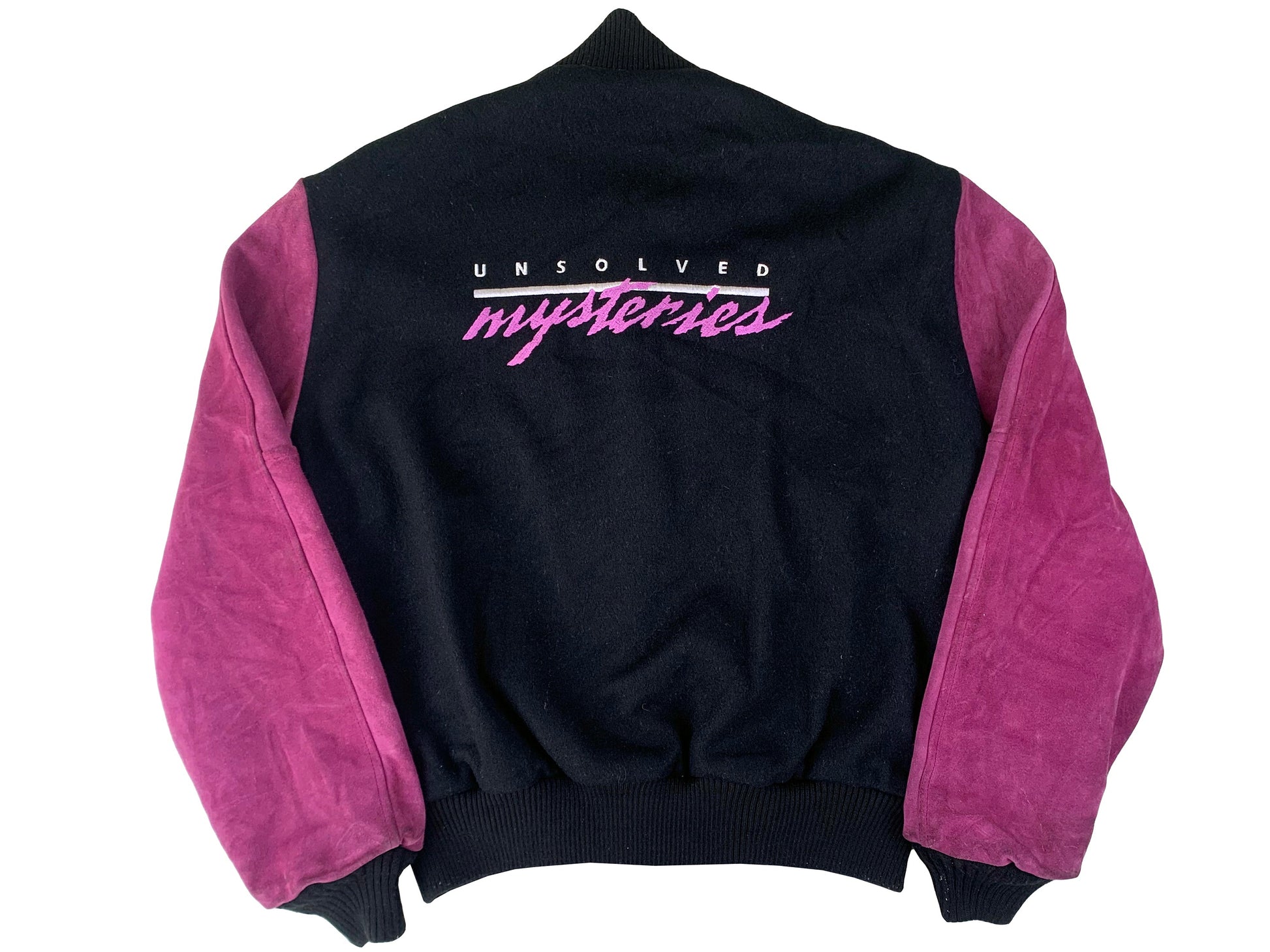 Vintage Unsolved Mysteries Black & Pink Leather Varsity Jacket TV Show 80s 90s