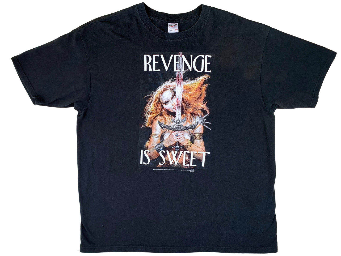 Vintage Blas Gallego 'Revenge is Sweet' Black T-Shirt 90s Fantasy Art Woman with sword